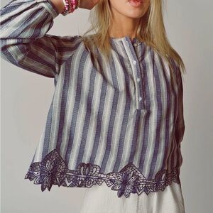 The Shirt by Rochelle Behrens Blue and Cream Patterned Blouse
